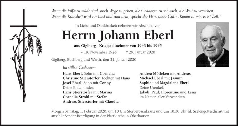 Traueranzeige Johann Eberl