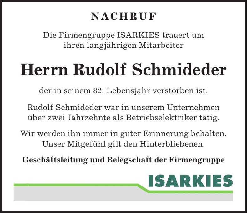 Traueranzeige Rudolf Schmiededer