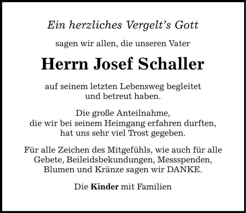 Traueranzeige Josef Schaller