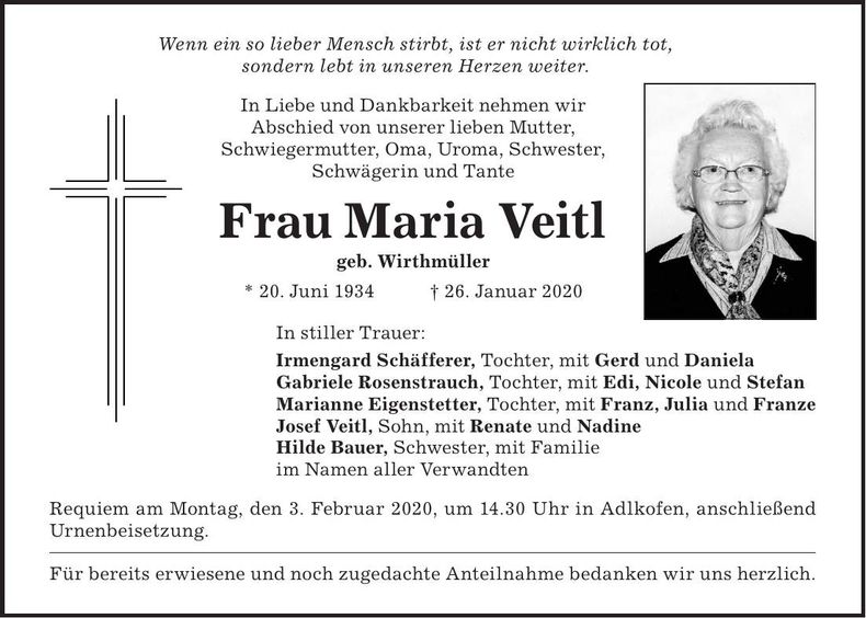 Traueranzeige Maria Veitl
