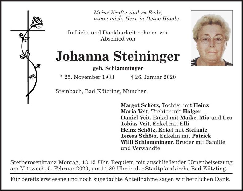 Traueranzeige Johanna Steininger