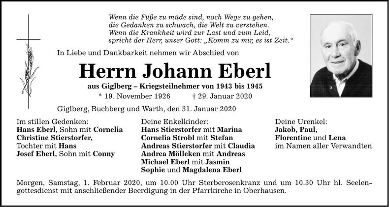 Traueranzeige Johann Eberl