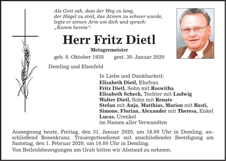 Traueranzeige Fritz Dietl