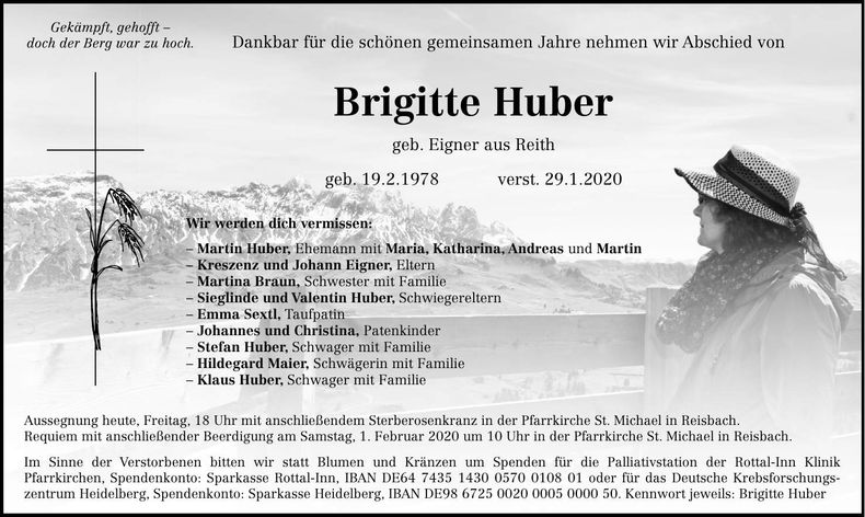 Traueranzeige Brigitte Huber