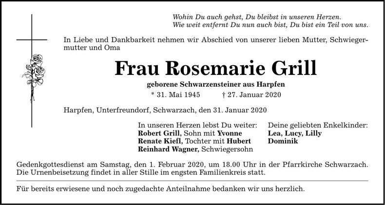Traueranzeige Rosemarie Grill