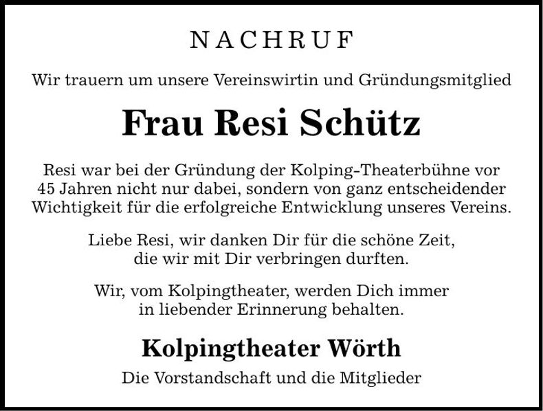 Traueranzeige Resi Schütz