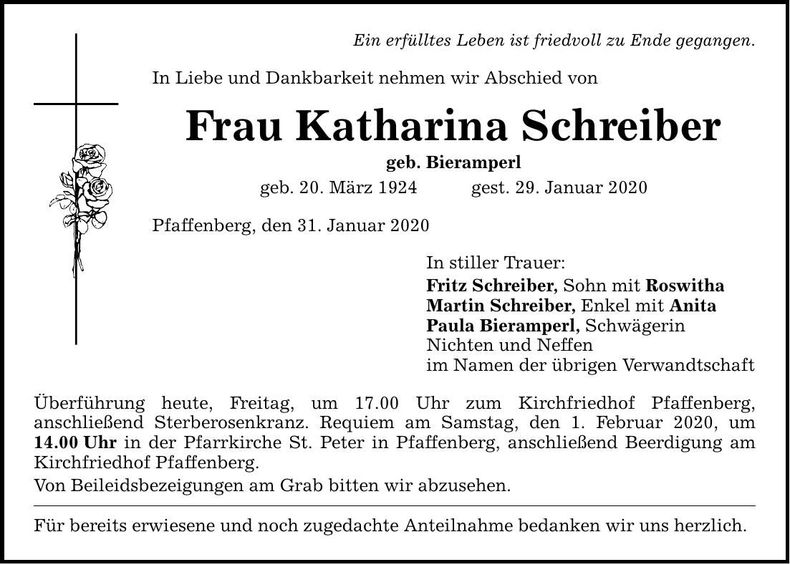 Traueranzeige Katharina Schreiber