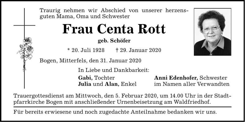 Traueranzeige Centa Rott