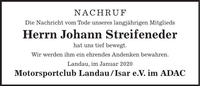 Traueranzeige Johann Streifeneder