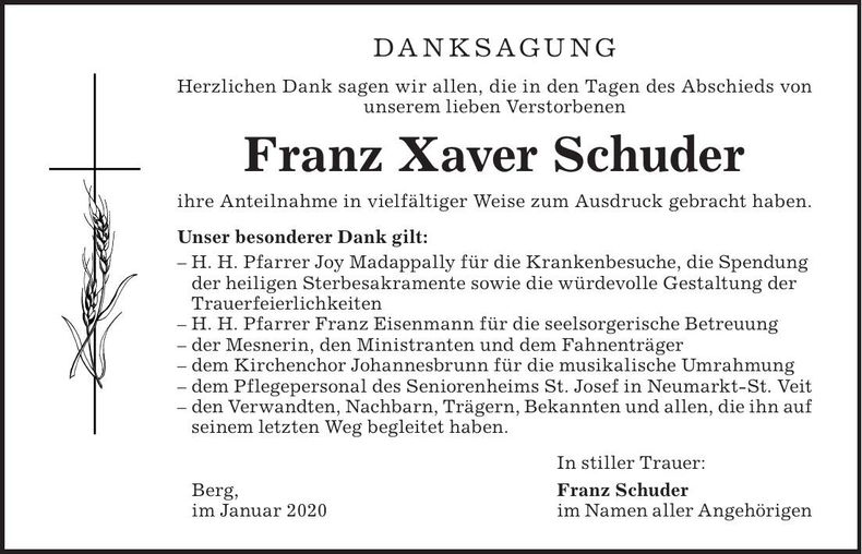 Traueranzeige Franz Xaver Schuder