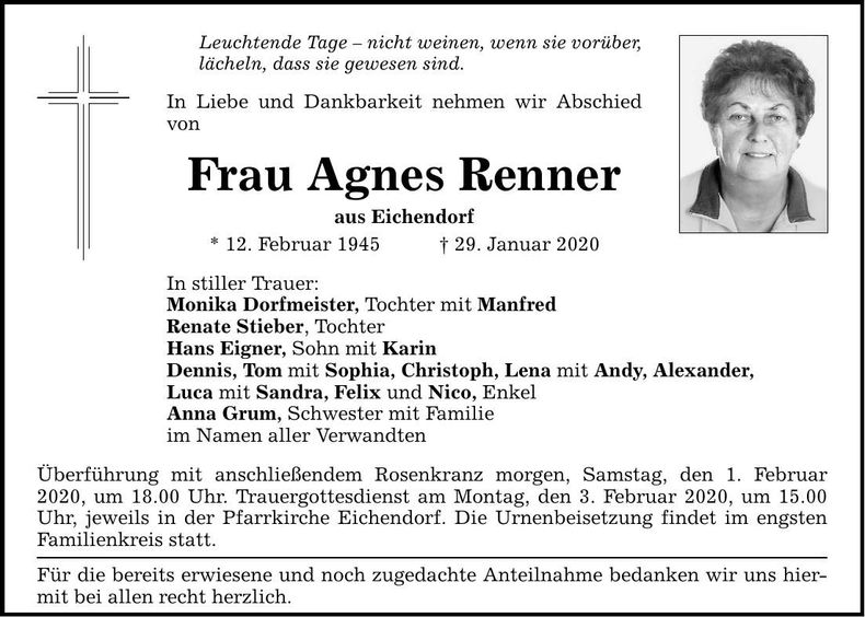 Traueranzeige Agnes Renner