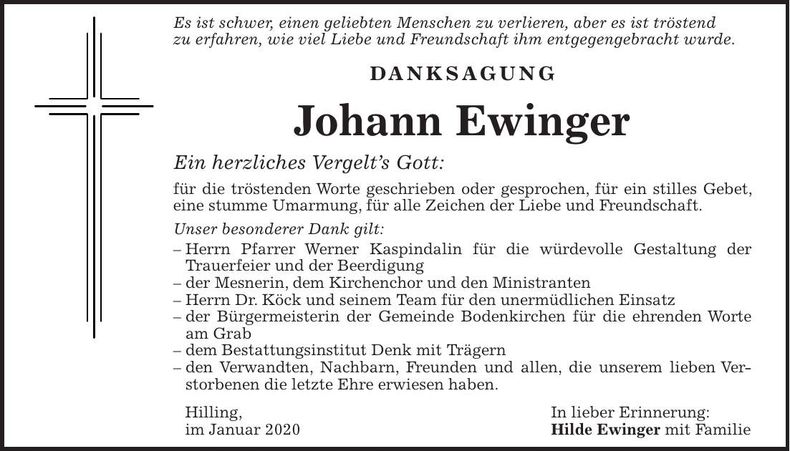 Traueranzeige Johann Ewinger