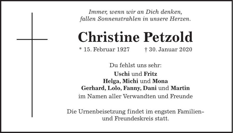 Traueranzeige Christine Petzold
