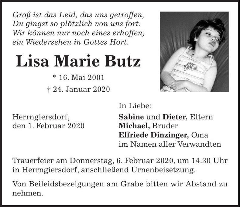 Traueranzeige Lisa Marie Butz