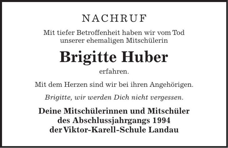 Traueranzeige Brigitte Huber