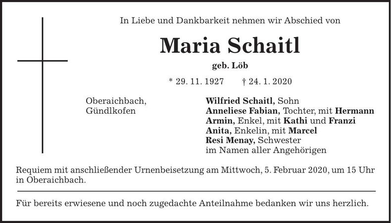 Traueranzeige Maria Schaitl