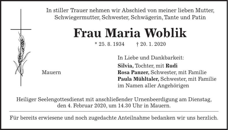 Traueranzeige Maria Woblik
