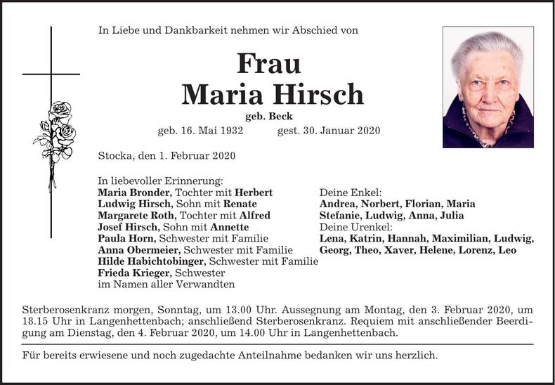 Traueranzeige Maria Hirsch