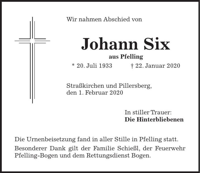 Traueranzeige Johann Six