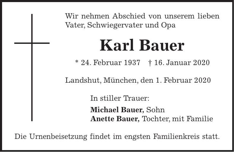 Traueranzeige Karl Bauer
