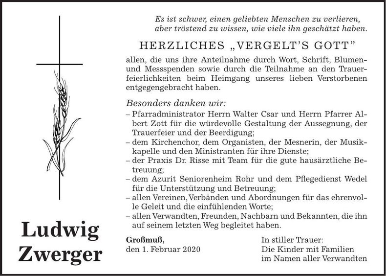 Traueranzeige Ludwig Zwerger