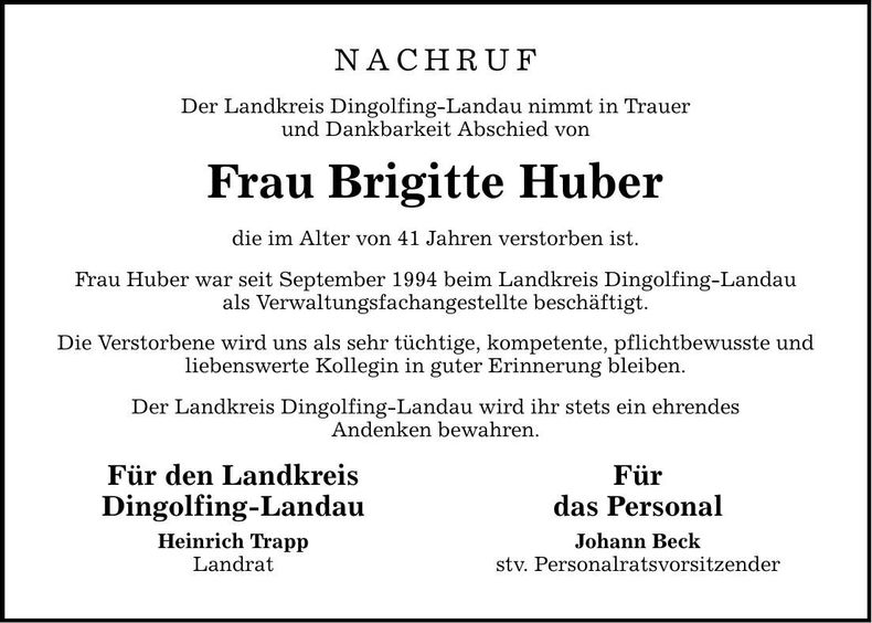 Traueranzeige Brigitte Huber