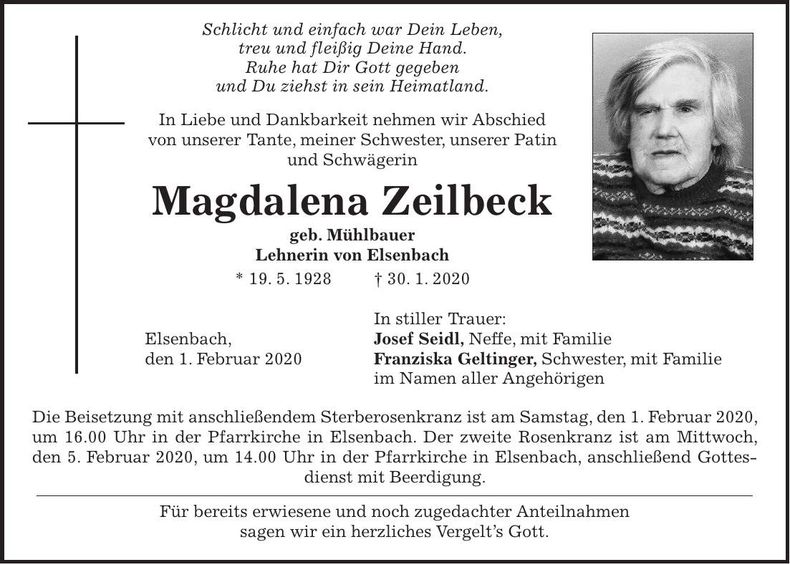 Traueranzeige Magdalena Zeilbeck