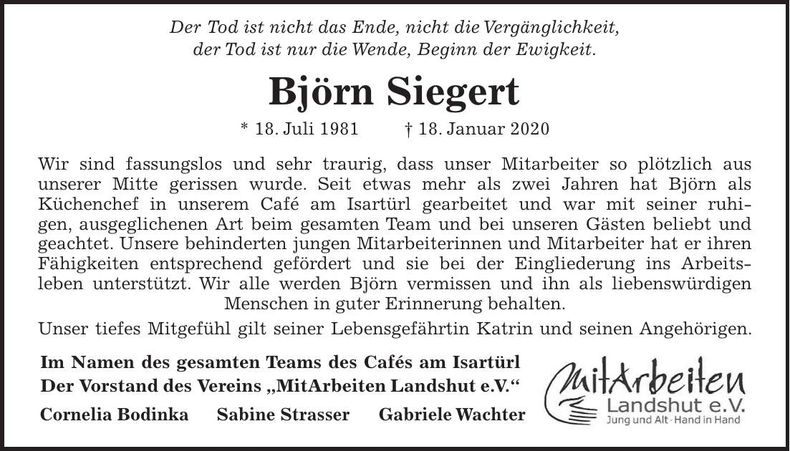Traueranzeige Björn Siegert