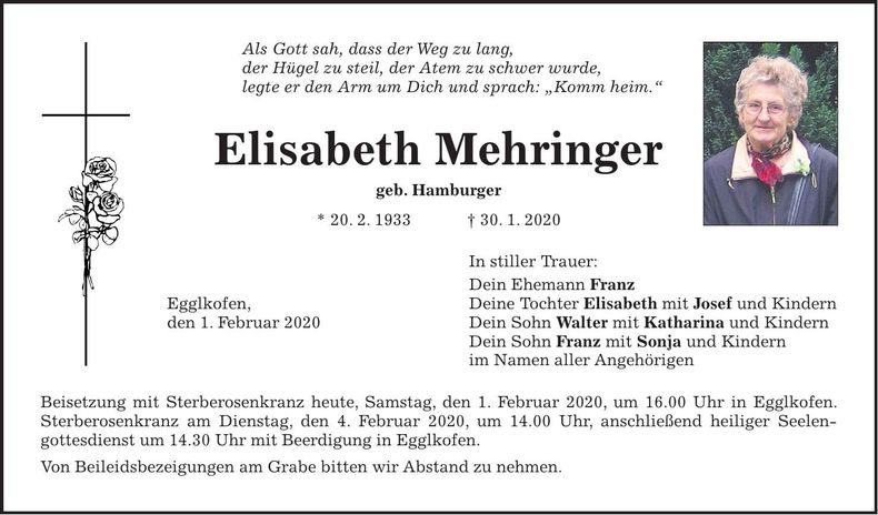 Traueranzeige Elisabeth Mehringer