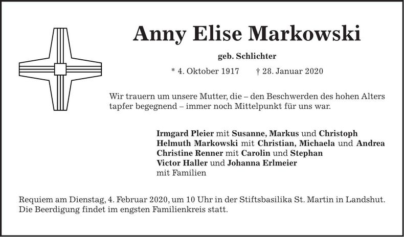 Traueranzeige Anna Elise Markowski