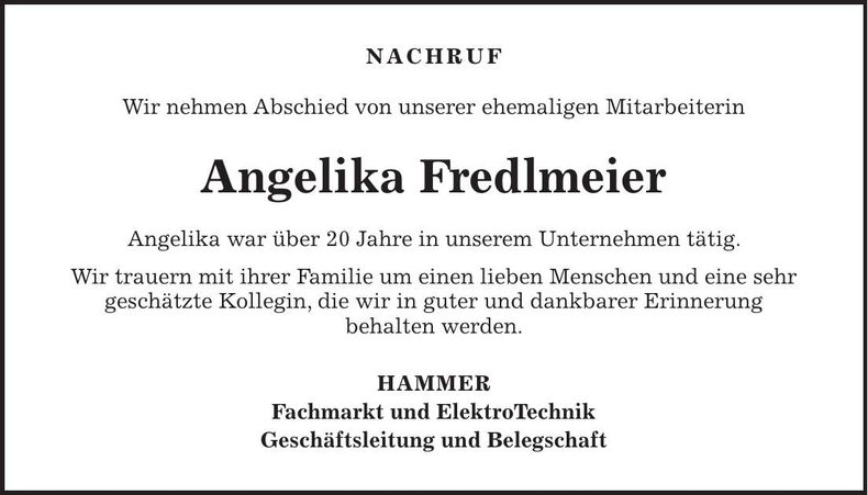 Traueranzeige Angelika Fredlmeier