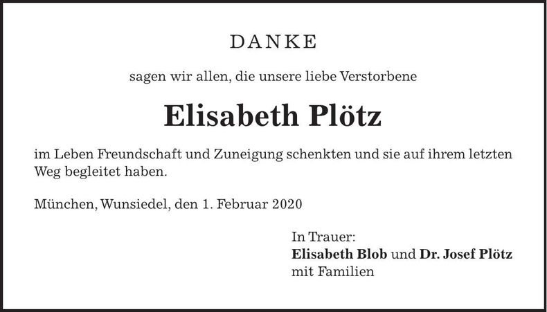 Traueranzeige Elisabeth Plötz