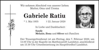 Traueranzeige Gabriele Ratiu