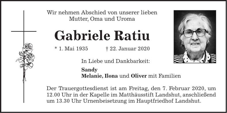 Traueranzeige Gabriele Ratiu