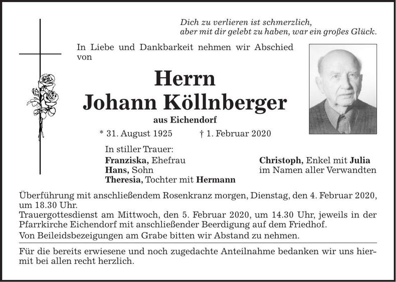 Traueranzeige Johann Köllnberger