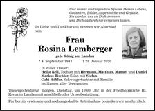 Traueranzeige Rosina Lemberger