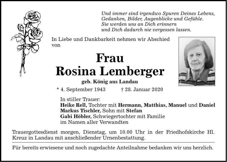 Traueranzeige Rosina Lemberger