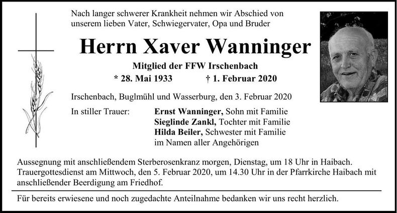 Traueranzeige Xaver Wanninger