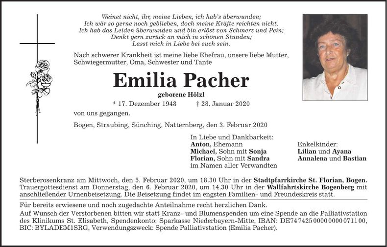 Traueranzeige Emilia Pacher
