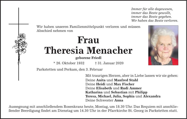 Traueranzeige Theresia Menacher