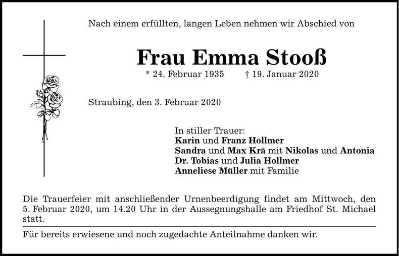 Traueranzeige Emma Stooß