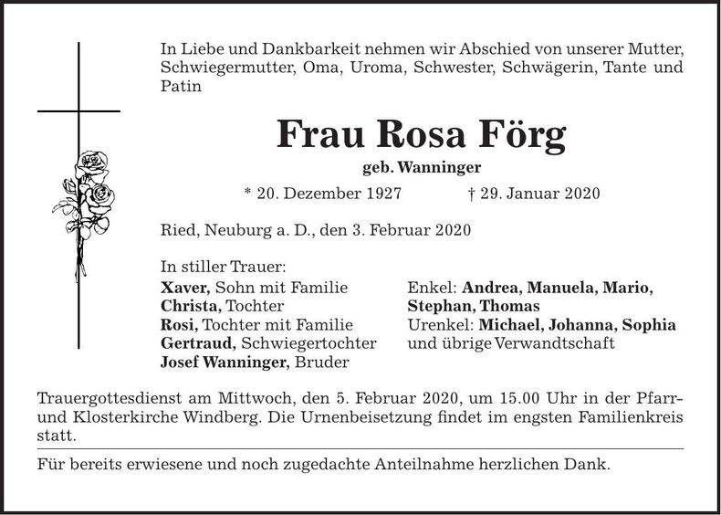Traueranzeige Rosa Förg