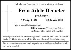 Traueranzeige Adele Demeter