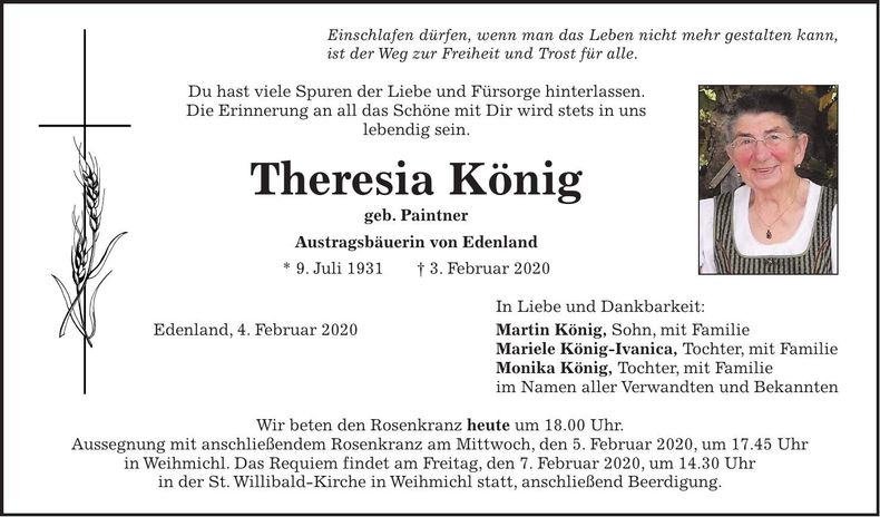 Traueranzeige Theresia König