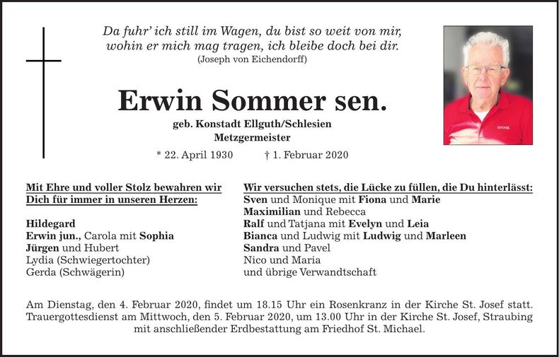 Traueranzeige Erwin Sommer