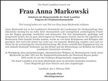 Traueranzeige Anna Markowski