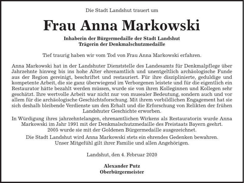 Traueranzeige Anna Markowski