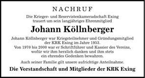 Traueranzeige Johann Köllnberger