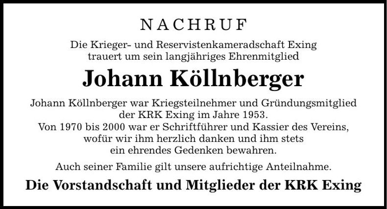 Traueranzeige Johann Köllnberger