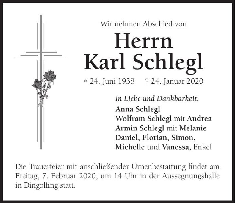 Traueranzeige Karl Schlegl